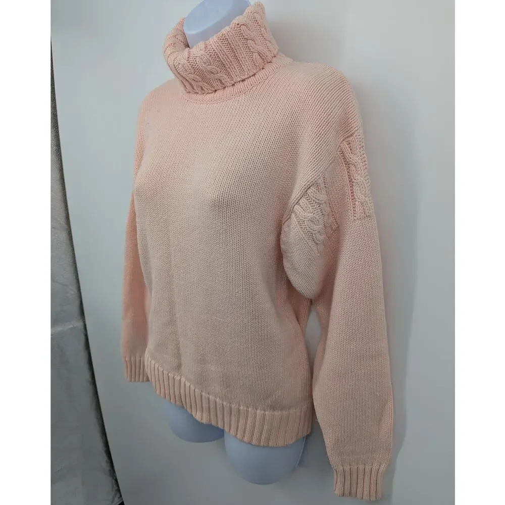 Vintage Talbots 100% Cotton Peach Cable Knit Turtleneck Sweater Women’s Medium